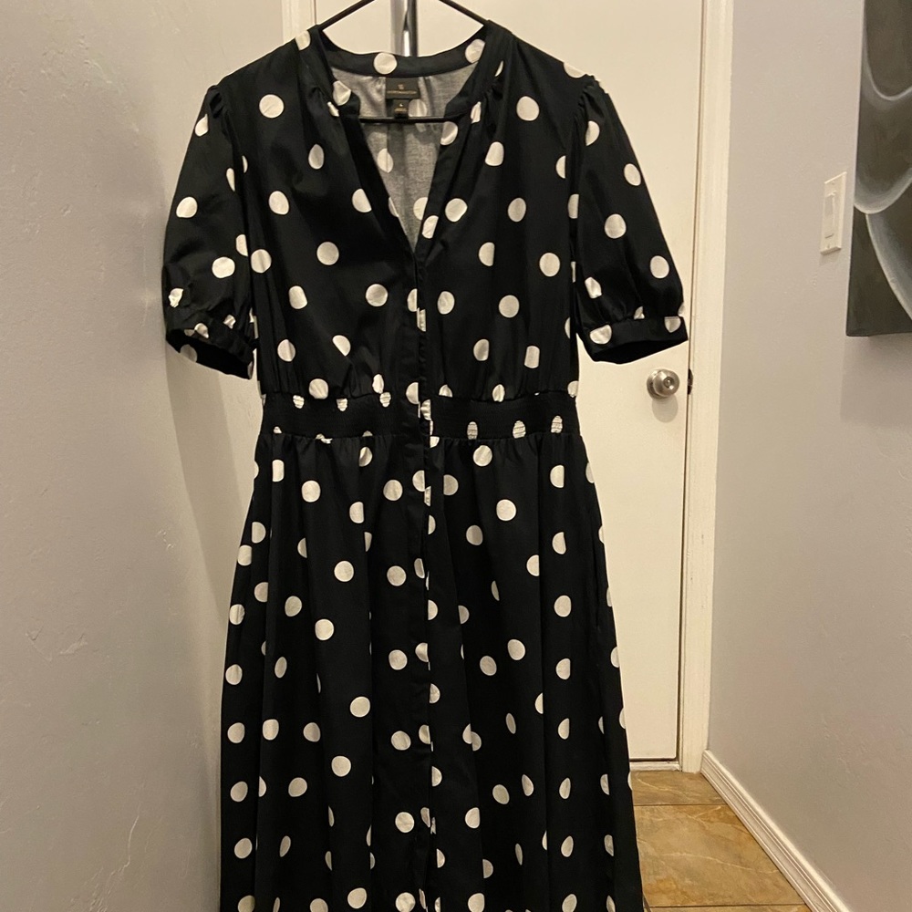 Black and White Polka Dot Midi Dress - Classic Button-Front
